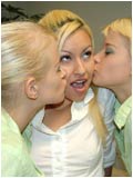 Gorgeous shaved blonde lesbian twins in wild pussy eating threesome with their sexy study friend!