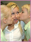 Lesbian teens shaved pussy licking frenzy in this wild girl girl girl threesome with the Milton Twins!